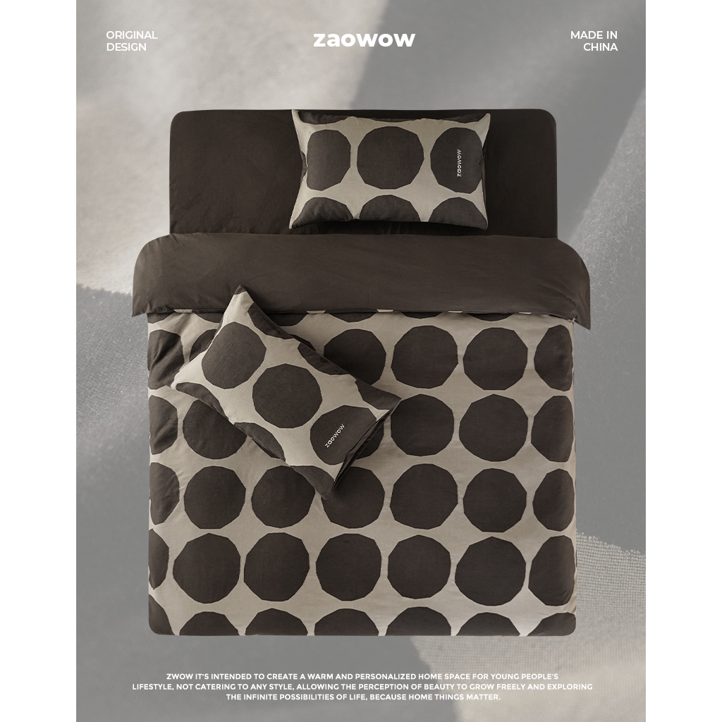造卧zwow四季款几何圆缎纹提花米棕色刺绣100全棉床单被套四件套