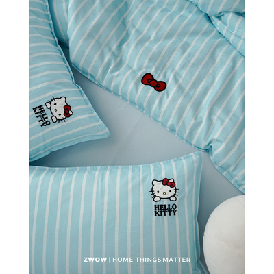 造卧zwow蓝条纹hellokitty刺绣100全棉精梳棉亲肤A类床单笠四件套