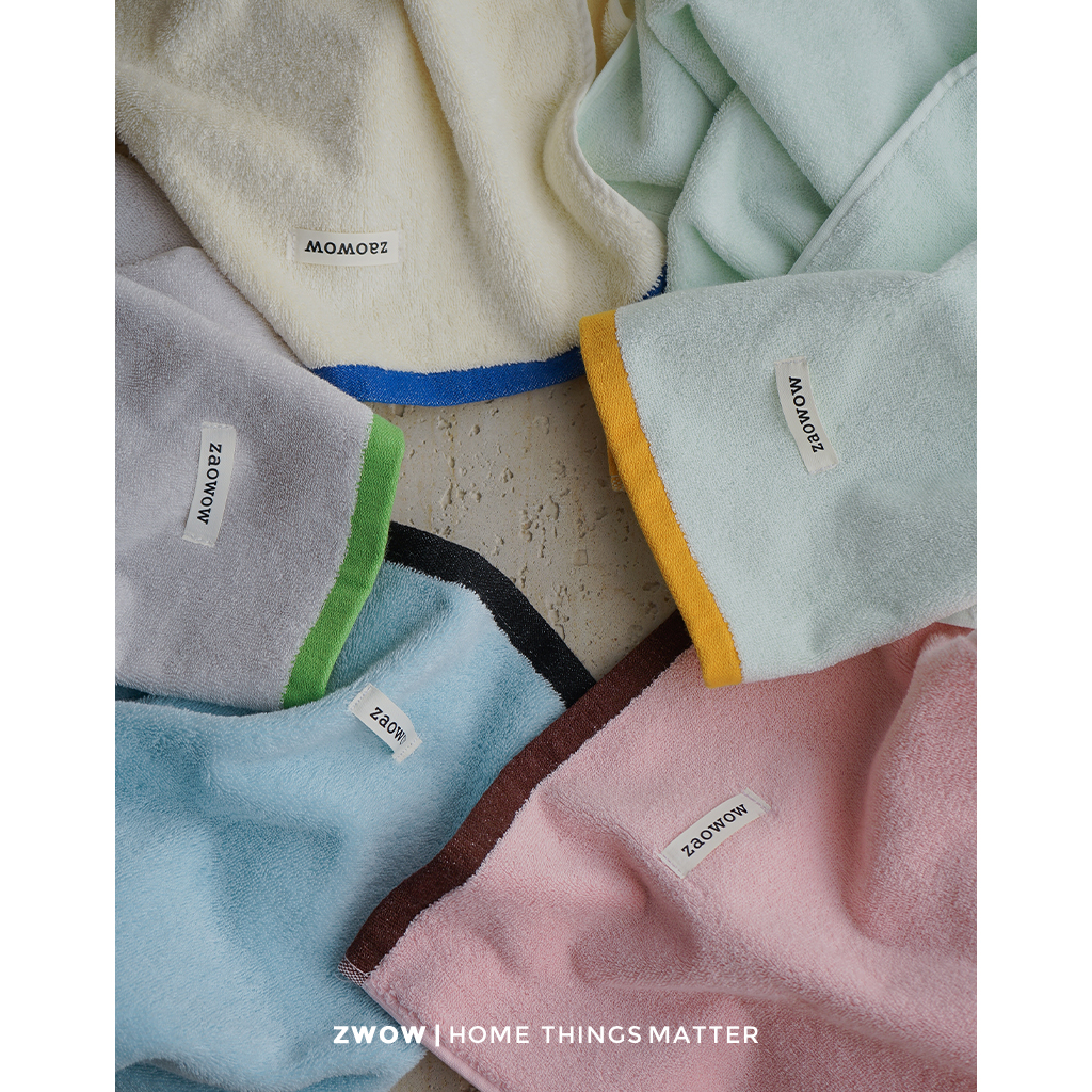 造卧zwow全棉100纯棉纯色彩边蓝米白粉灰绿色柔软毛巾面巾浴巾