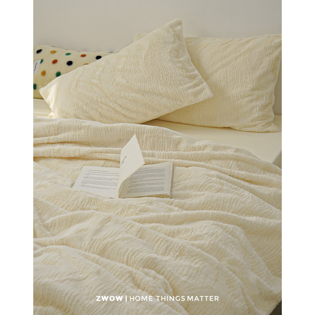 造卧zwow冬季北欧风立体云朵牛奶绒保暖蓄热奶黄绿软糯床上四件套