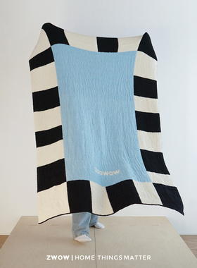 造卧zwow天空岛白黑蓝色格中古风双面加厚半边绒盖毯毛毯午睡毯子