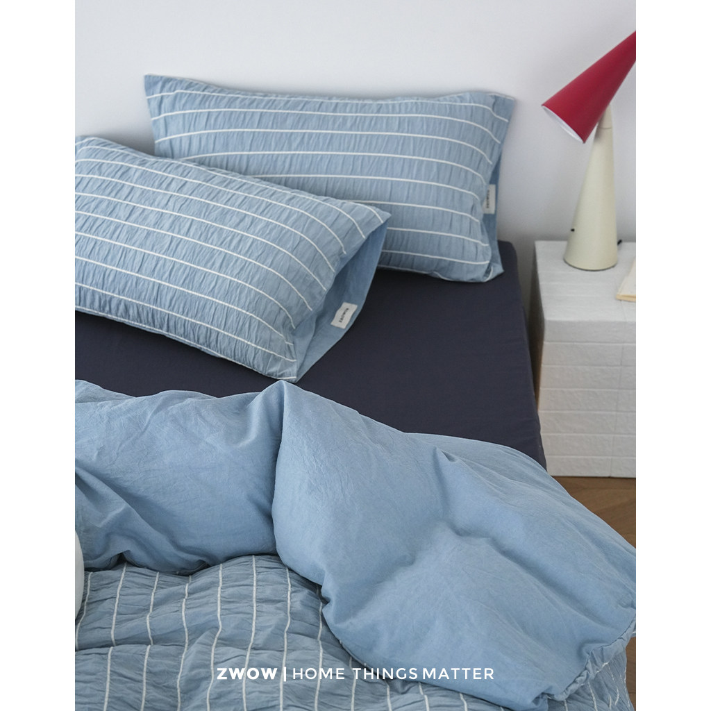造卧zwow2026新款全棉泡泡纱牛仔蓝条纹冰岛撞色床单被套四件套