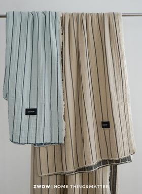 造卧zwow【纱摇】全棉皱皱纱条纹蓝色多功能盖毯床盖沙发盖布罩毯