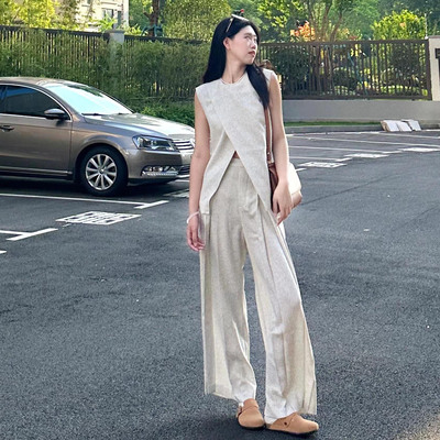 清冷感棉麻上衣长裤两件套装夏季