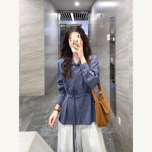 初秋新款 衬衫 设计感系带收腰显瘦洋气上衣 复古小立领格纹长袖 韩版