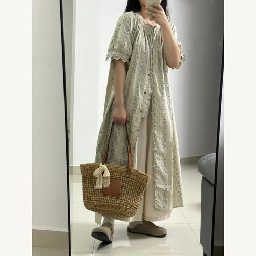 设计感棉麻复古碎花系带连衣裙夏