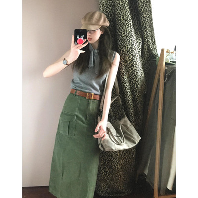 无袖马甲针织上衣半身裙两件套装