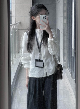 日系松弛感棉麻长袖圆领衬衫女初春新款慵懒风小衫宽松设计感上衣