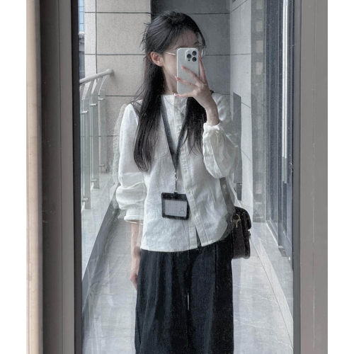 日系松弛感棉麻长袖圆领衬衫春季
