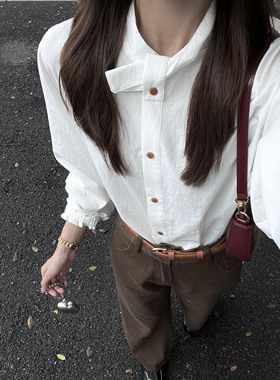 日系复古文艺风白色领结衬衫女装春秋新款少年感气质通勤显瘦上衣