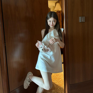 小个子度假风绝美荷叶边吊带短裙 新款 韩系斜肩棉麻无袖 连衣裙夏季