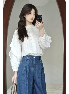 法式复古文艺风轻奢蕾丝花边白色衬衫女春秋新款港风百搭通勤上衣