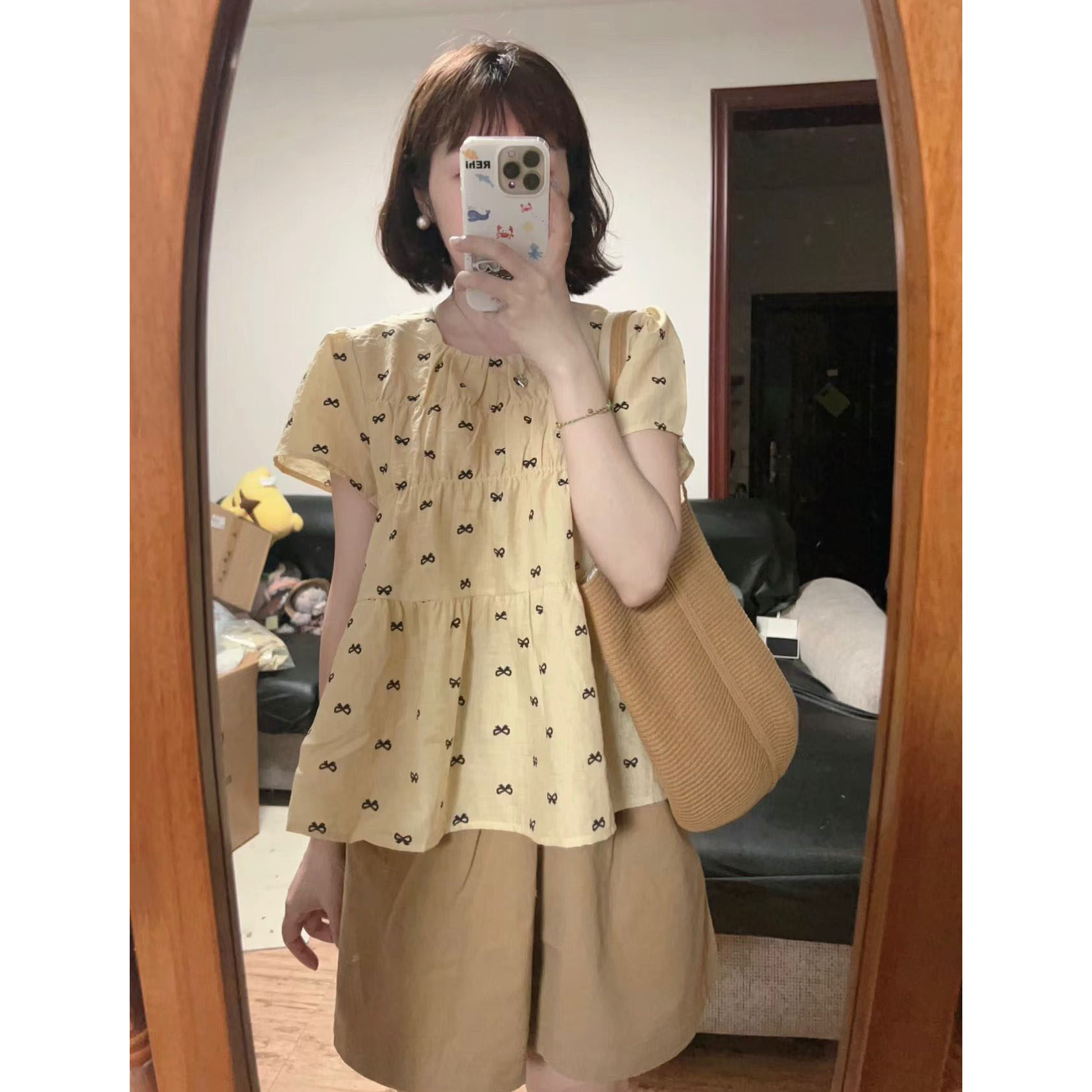 日系甜美棉麻褶皱娃娃衫夏季新款