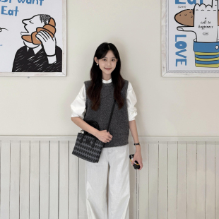 新款 秋冬季 百搭通勤 搭配针织毛衣马甲二件套装 韩系学院风圆领衬衫