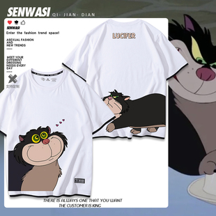 路西法猫咪鲁斯佛周边假两件短袖男女夏季可爱百搭休闲T恤