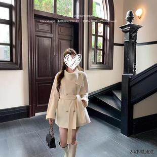 Queen韩系双面呢毛呢外套女秋冬2024年新款 感小香风围脖领系带大