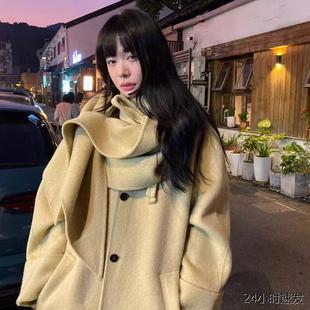 双面羊毛大衣外 气质立领显瘦围巾领中长款 Queen韩系2025冬季 新款