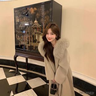 Queen雪后初霁25冬新款 双面羊绒大衣女高级感毛 狐狸毛领连帽长款