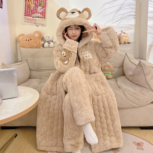 秋冬季三层夹棉睡衣女士加绒加厚卡通连帽睡袍可外穿家居服套装