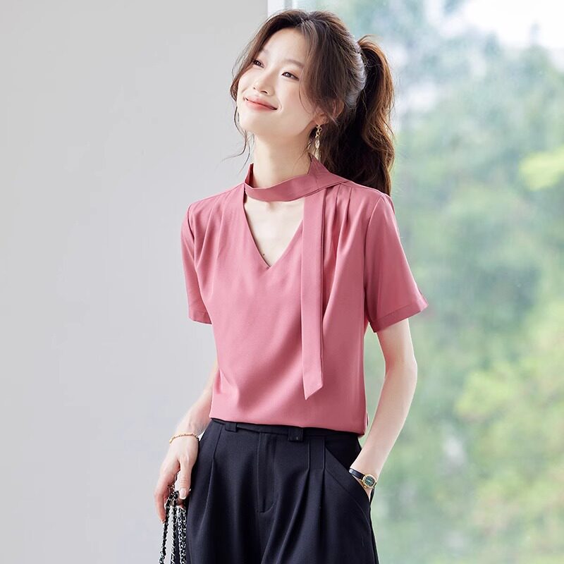 v领短袖衬衫女2025夏季新款设计感挂脖飘带通勤衬衣气质女士上衣