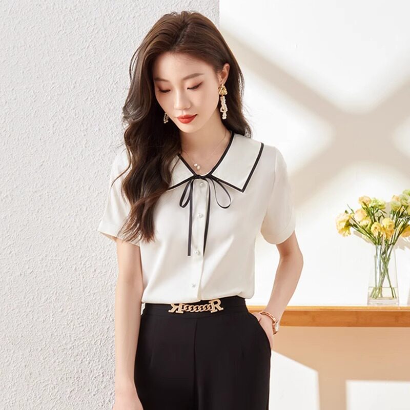 白色雪纺衬衫女夏季2025新款职业气质衬衣小个子娃娃领短袖上衣薄