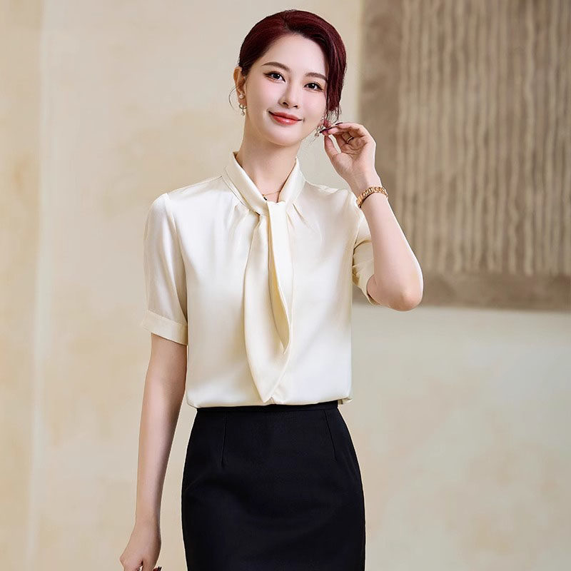 雪纺飘带衬衫女士职业装2025新款夏季气质时尚高级感上衣短袖衬衣