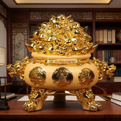 绒沙金聚宝盆存钱罐摆件创意中式招财商务礼品爆款