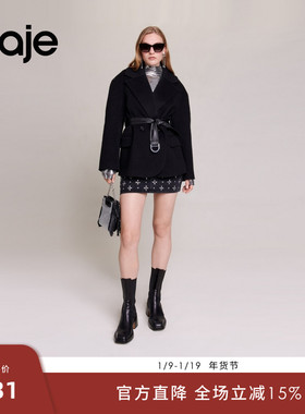 Maje Outlets秋冬女装羊毛混纺黑色西装领系带收腰短款毛呢大衣