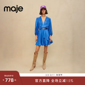 Maje 口V领连衣裙 克莱因蓝色荷叶边灯笼袖 Outlets春夏女装 时尚