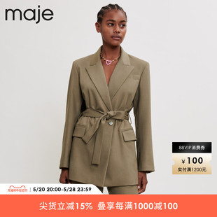 法式 Maje 女装 外套上衣MFPVE00305 Outlet 复古卡其色系带收腰西装