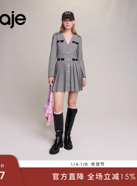 Maje Outlets秋冬女装时尚千鸟格黑白格纹纹理V领短款百褶连衣裙
