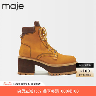 靴MFACH00543 Maje Outlet牛皮革厚底粗高跟圆头绑带皮革马丁鞋