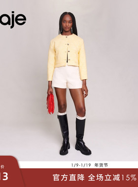 Maje Outlets秋冬女装法式时尚粗花呢淡黄色格纹单排扣短款外套