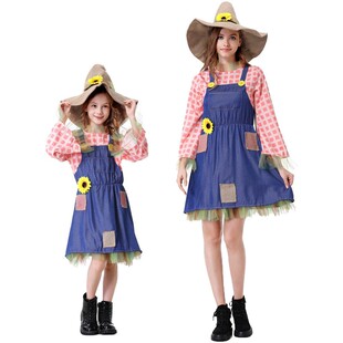 万圣节扮演绿野仙踪成人儿童稻草人格子补丁连衣裙亲子套装 表演服