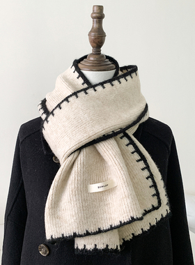 韩单款~锁边针织围巾女冬季加厚保暖毛线围脖男防风护脖长款披肩