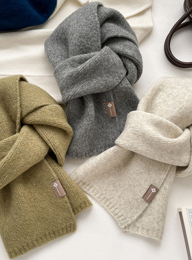 韩版纯色针织小围巾女款2024冬季羊毛混纺简约短款毛线围脖男保暖