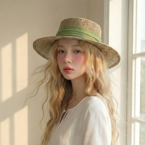 日系咸草编织草帽女夏季平顶礼帽