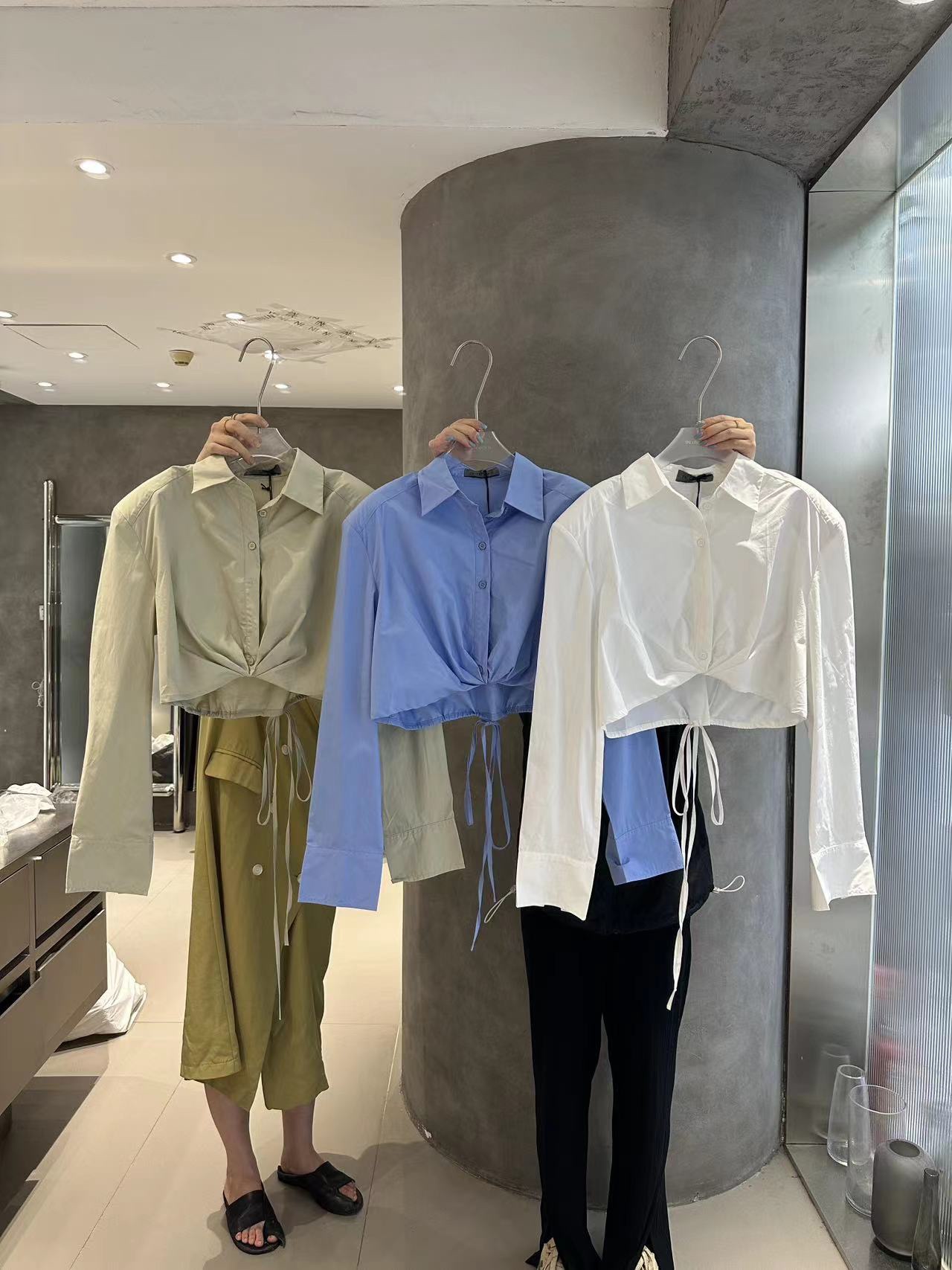 直筒通勤纽扣长袖棉系带