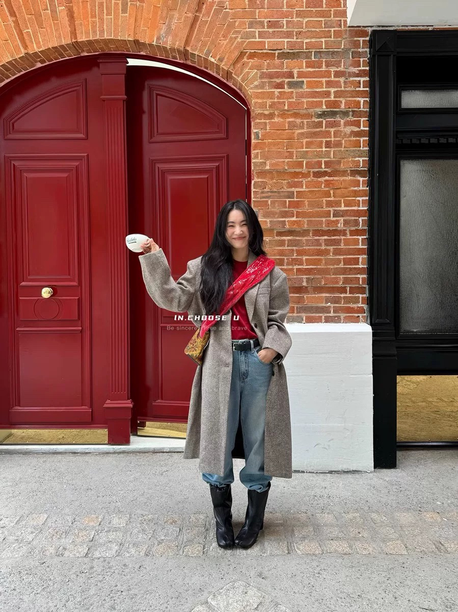 IN choose u笑笑家2024秋款高级感100羊毛中长款羊毛呢外套大衣女