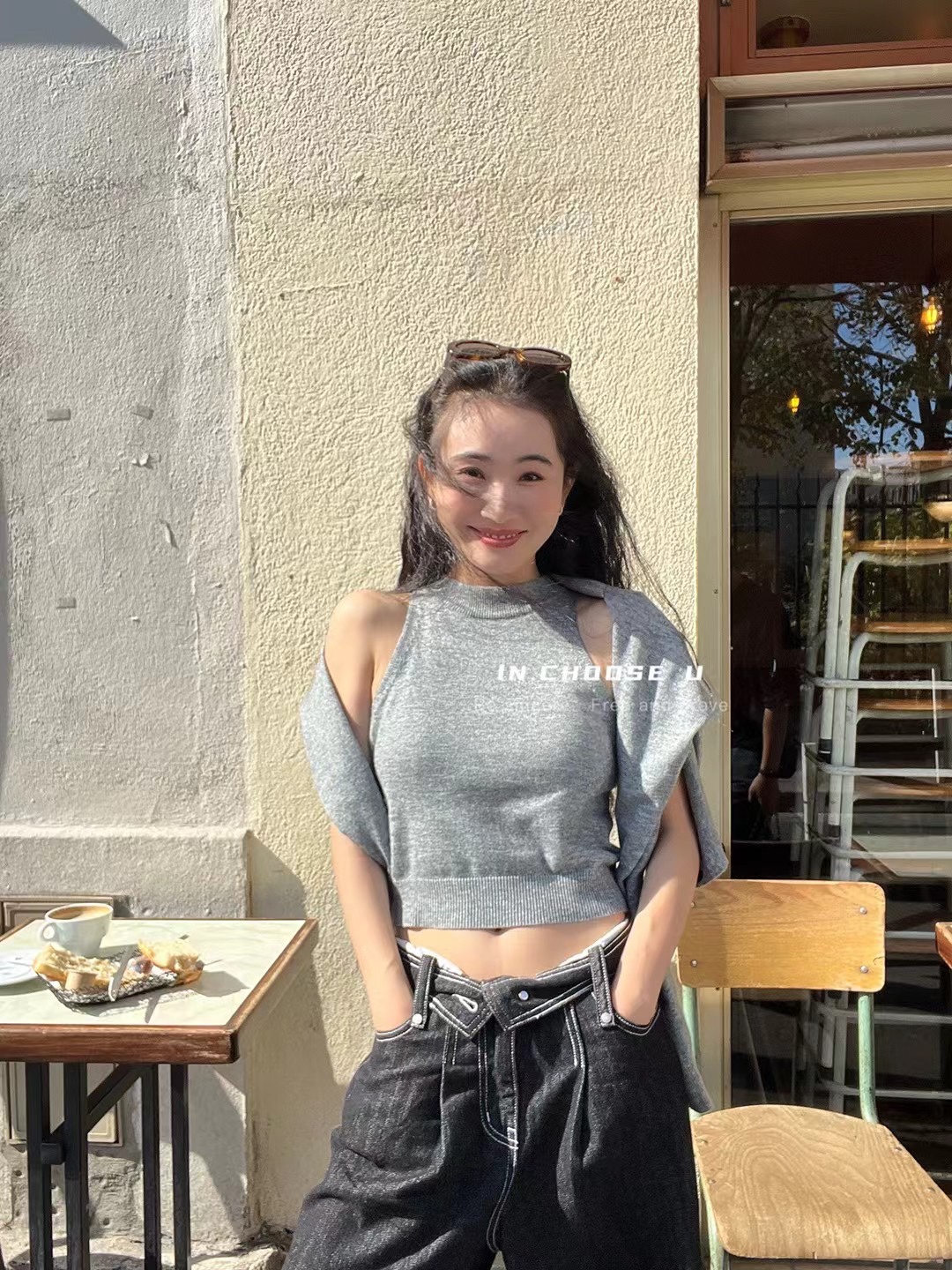 针织两件套单排扣圆领套头开衫