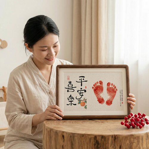 宝宝周岁手足印实木相框手脚印画