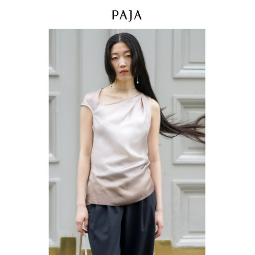 PAJASunSet系列渐变日落斜领无袖真丝早秋上衣女小众设计桑蚕丝