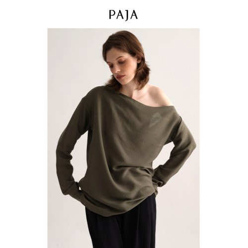 PAJA桑蚕丝羊毛混纺针织衫女设计感小众慵懒风百搭露肩长袖上衣