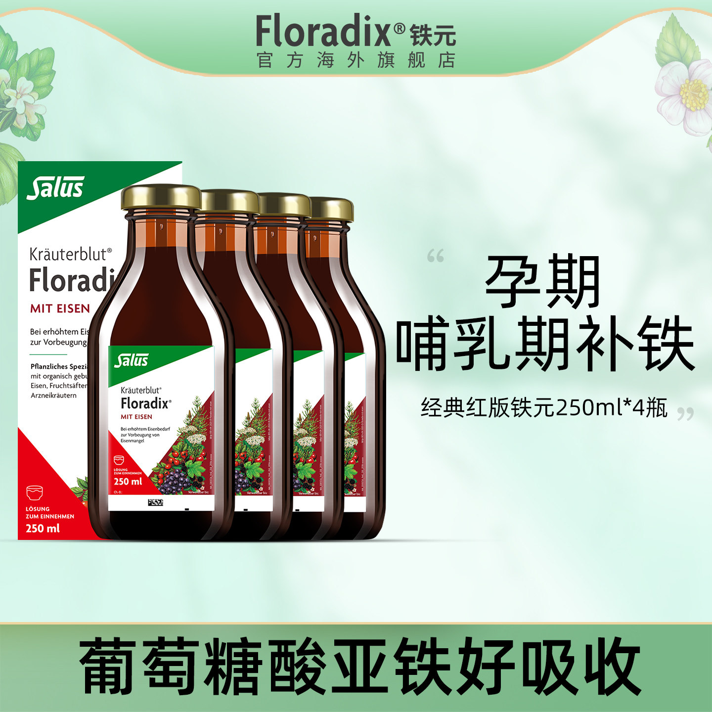 Floradix 德国铁元补铁铁剂孕期调气养血调气虚血亏250ml*4