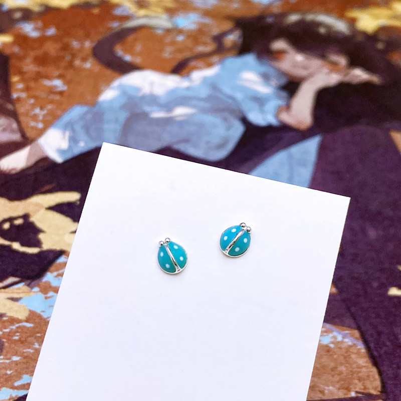 S925纯银蓝色小瓢虫耳钉女简约甜美可爱文艺小清新耳坠耳饰品