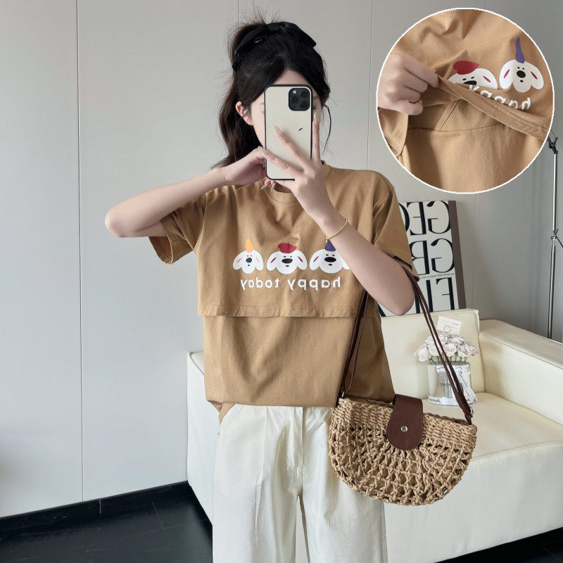 纯棉哺乳上衣产后外出哺乳期喂奶衣可外穿夏季睡衣带胸垫短袖T恤