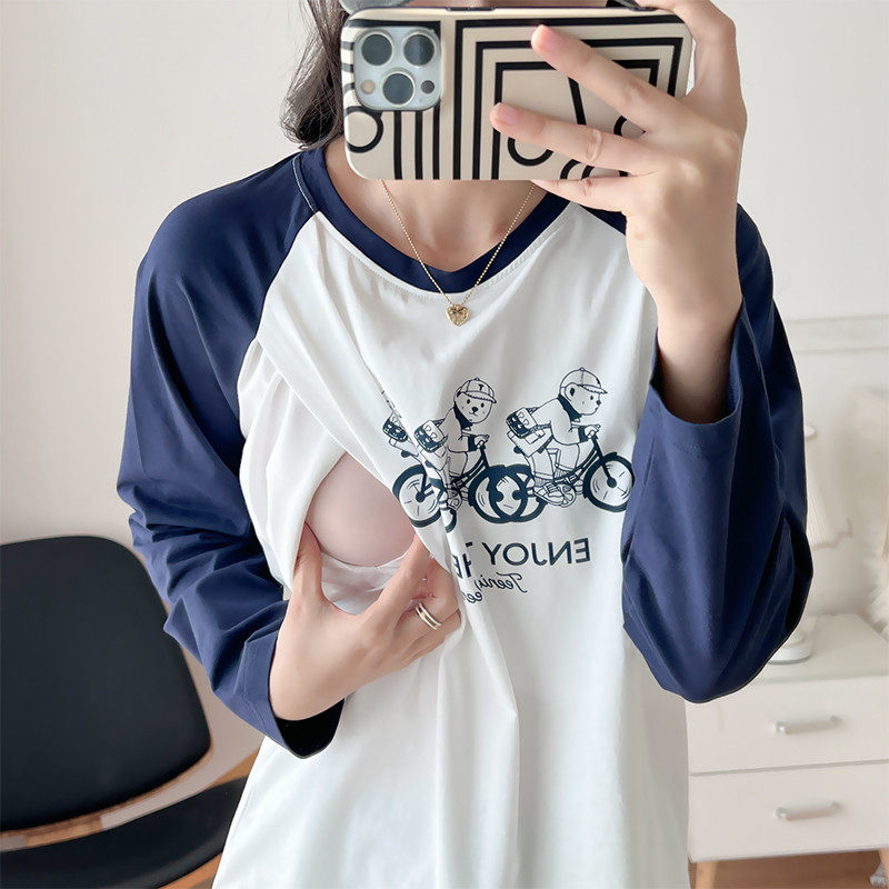 侧开口纯棉哺乳上衣长袖短袖可选
