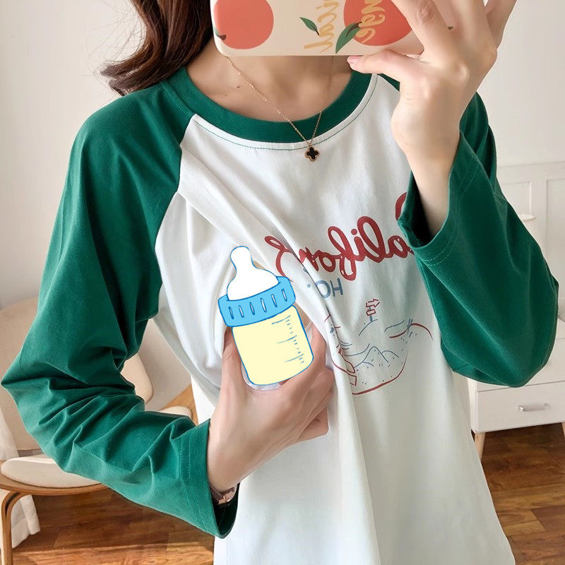 哺乳衣外出秋装长袖t恤产后纯棉上衣辣妈款月子侧开口喂奶衣服春