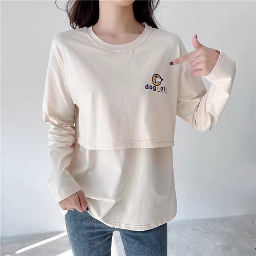 纯棉哺乳上衣外出长袖T恤喂奶期
