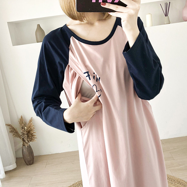 哺乳睡裙夏季薄款长袖外穿月子服辣妈款长喂奶衣春秋季孕妇连衣裙
